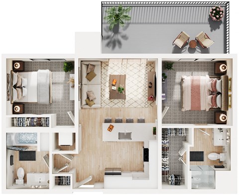 Floor plan for 2 beds, 2 baths, 877 sqft